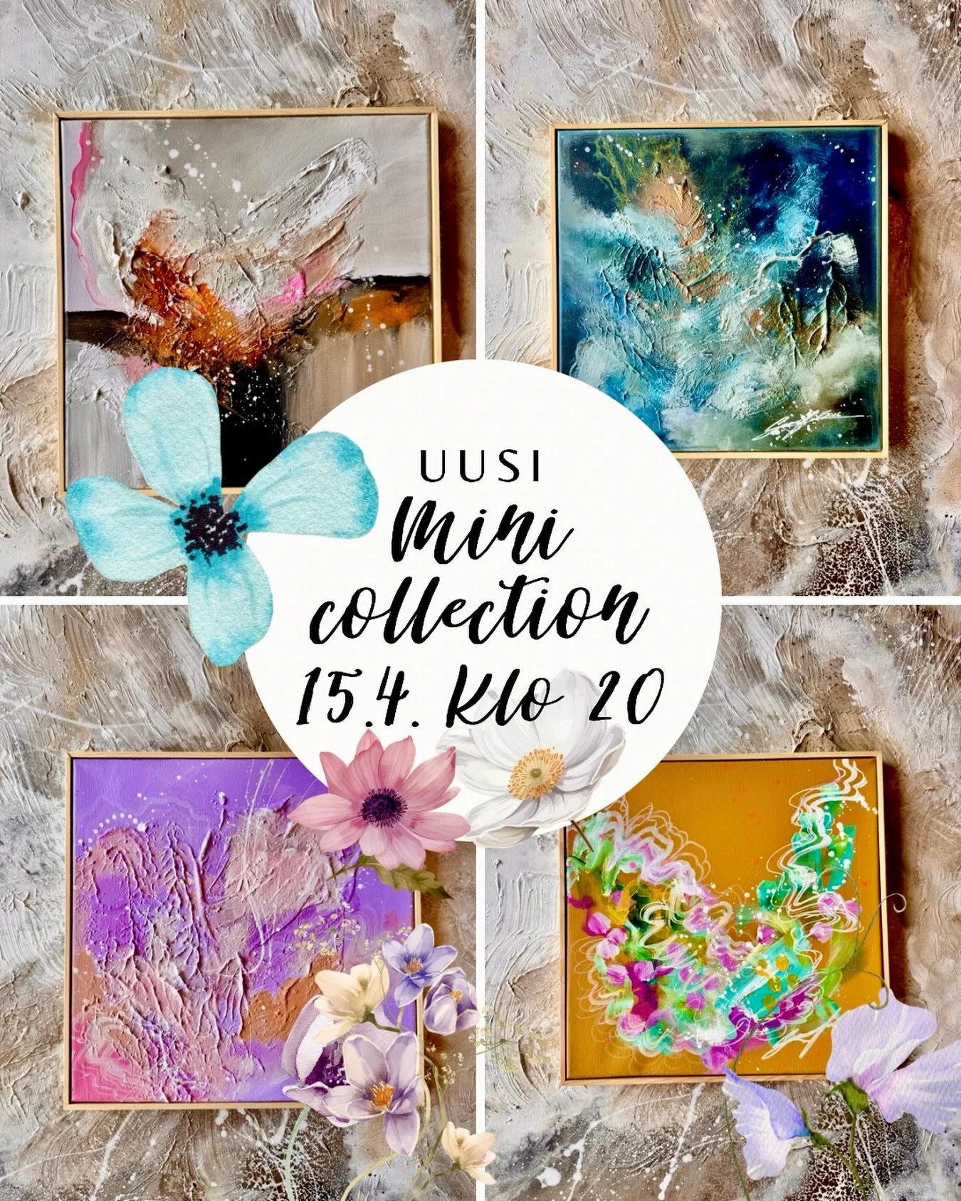 Mini Collection ke 15.4. klo 20.00

T&auml;t&auml; s&auml; et voi missata! 30x30 kokoiset suloiset taulut, jotka on valmiiksi kehystetty ja hinta vain 98&euro; kpl 🦋

Oo nopee, n&auml;&auml; liikkuu &auml;kki&auml; 🩷

L&ouml;yd&auml;t kaikki teokse