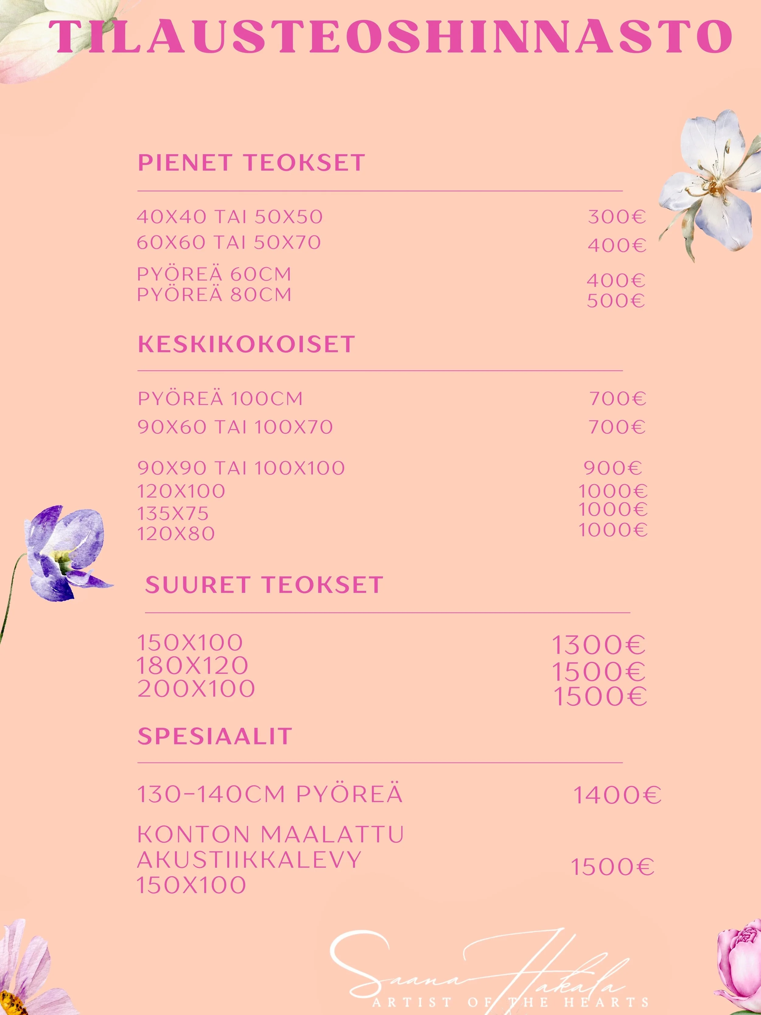 P&auml;ivitetyss&auml; tilausteoshinnastossa on lis&auml;ttyn&auml; uusia kokoja 🩷🧚✨🌸

Vapun kunniaksi uudet tilaukset -15% 30.4.-3.5. ajan!

Kysy viestill&auml; lis&auml;&auml; 🔮