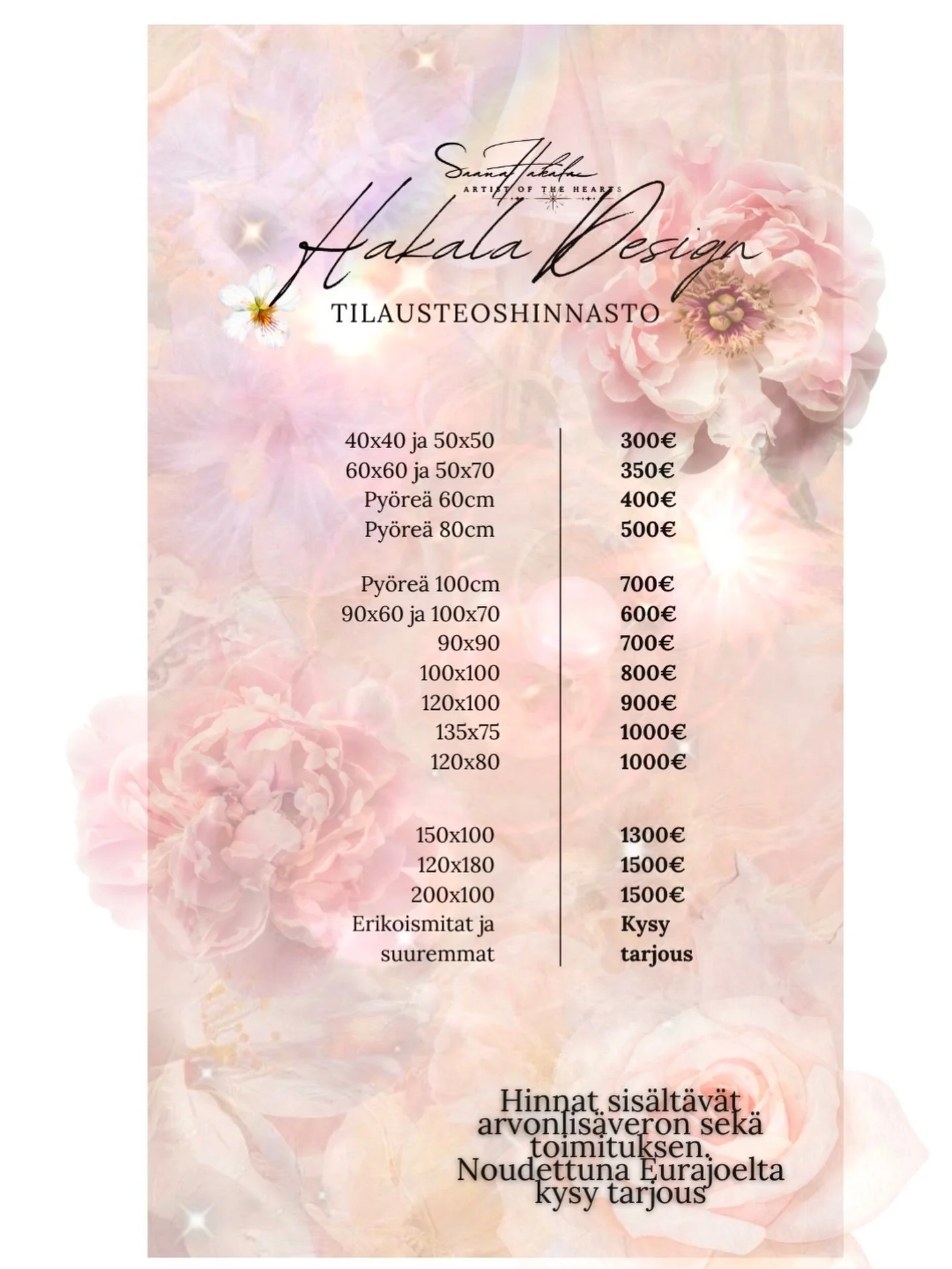 Tilausteoshinnasto 🤎✨🔮🪽

Kes&auml;n ajan 1.6.-30.8. voimassa noutotarjous isoihin teoksiin: Koot 150x100, 180x120 ja 200x100 noudettuna mun ateljeelta vain 1000&euro;!