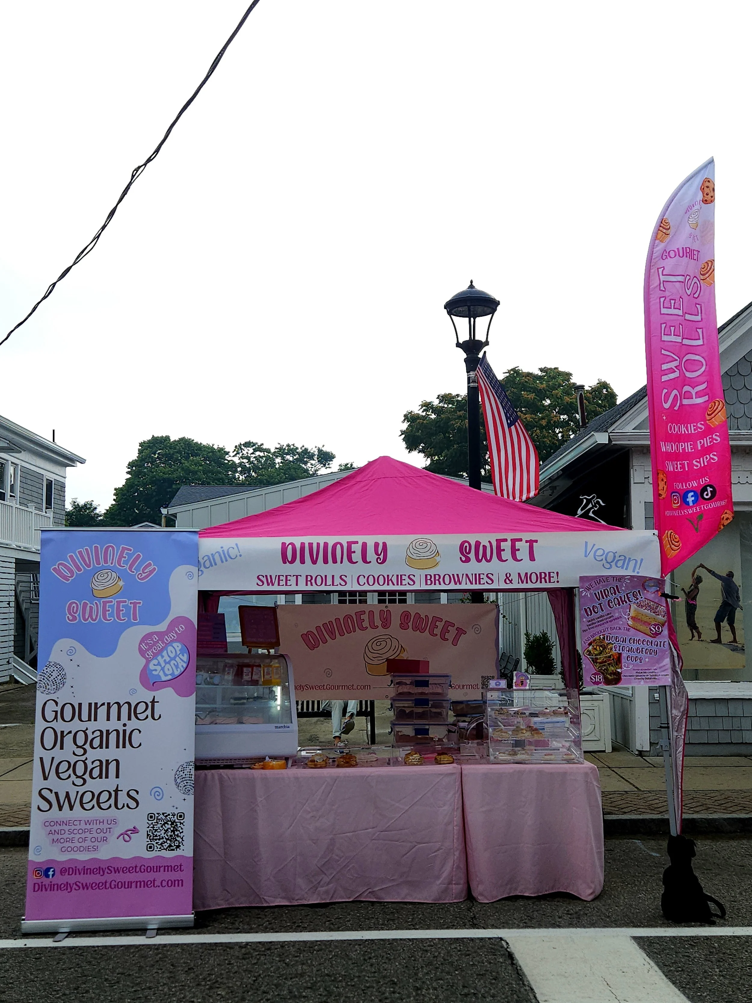 Outdoor vendor booth with pink tent selling gourmet sweet baked goods labeled as organic and vegan with signage displaying cookies, brownies, and sweet rolls, and a pink banner advertising vegan baked treats.