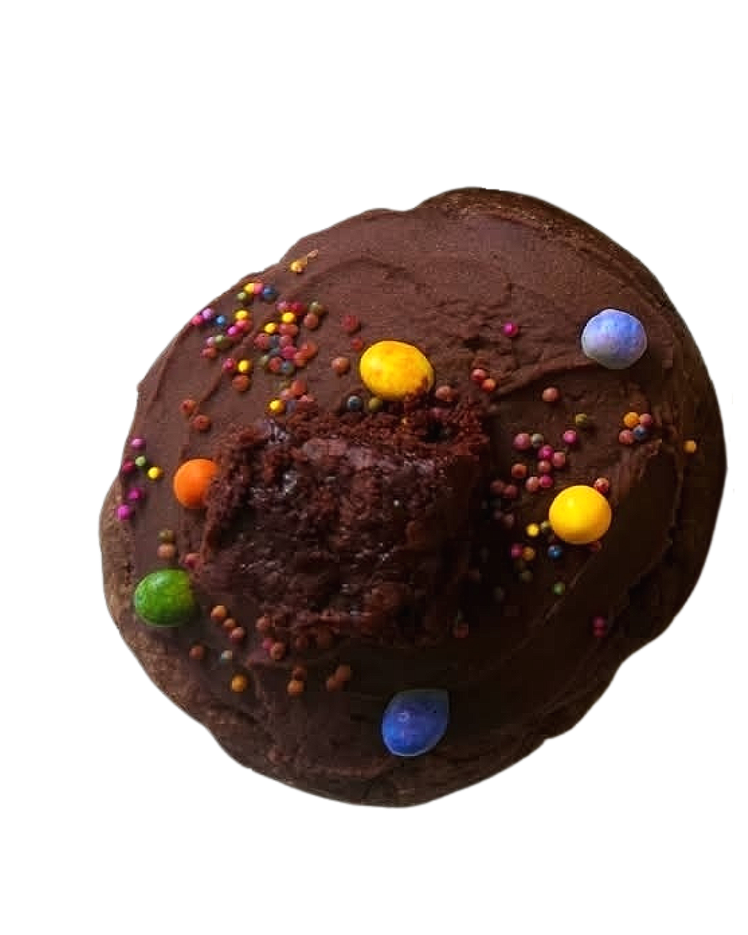 Chocolate cookie with chocolate icing, topped with rainbow chocolate sprinkles, rainbow nonpareils, and a brownie bite.