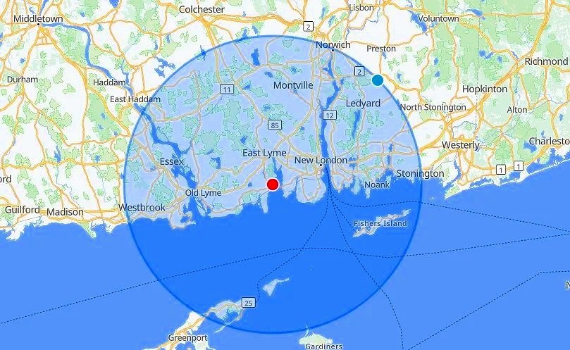 Map showing our 14-mile radius for optional delivery from Niantic, Connecticut.