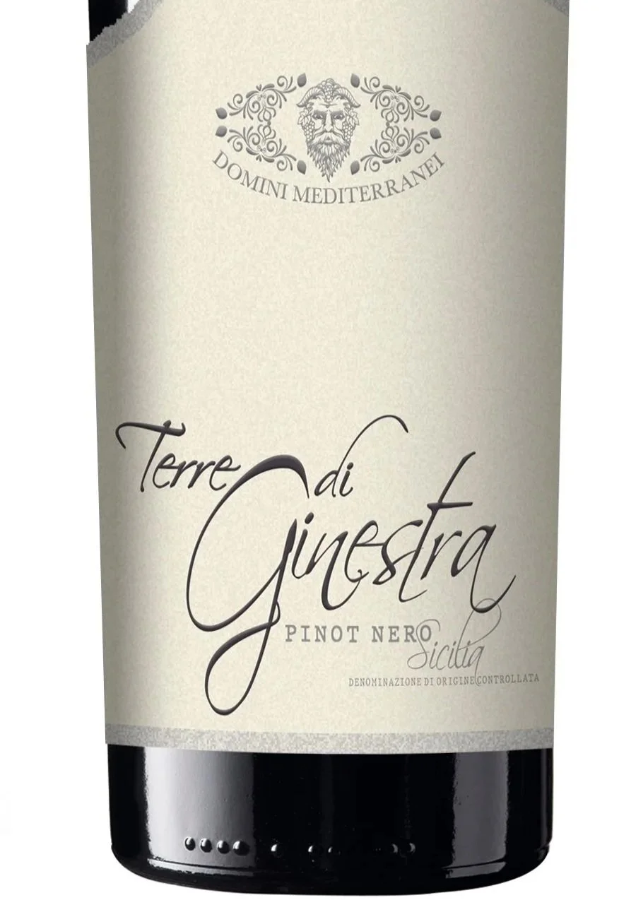 Etichetta di vino rosso Terra di Ginestra, con scritte eleganti e immagine di un volto antico in alto.