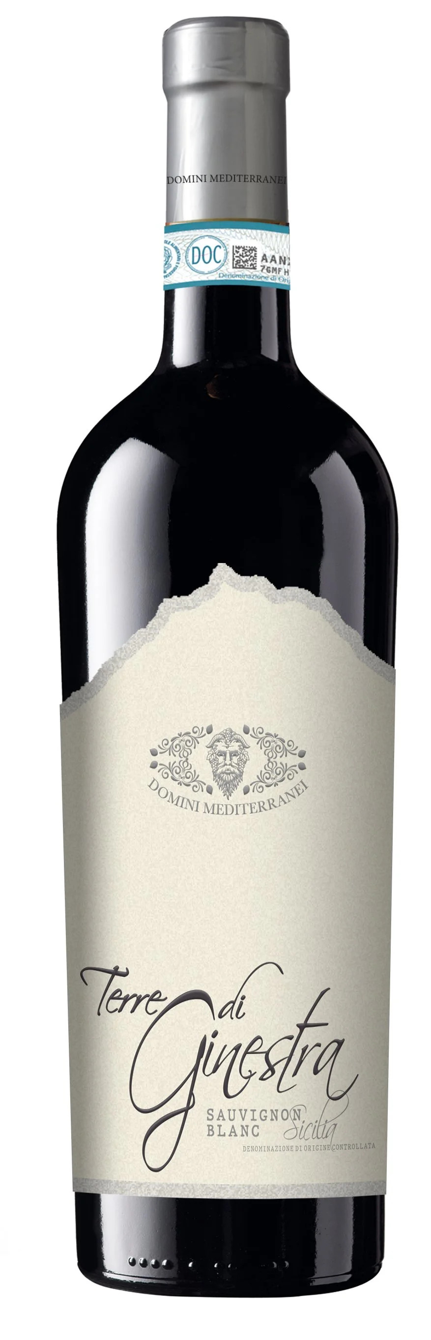 Bottiglia di vino rosso con etichetta bianca che dice "Terre di Ginestra" e "Sauvignon Bianca Sicilia".