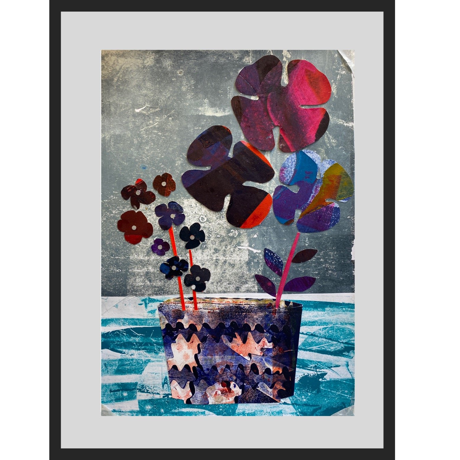 "Vase" 2/20VE chine-collé with block printed collage