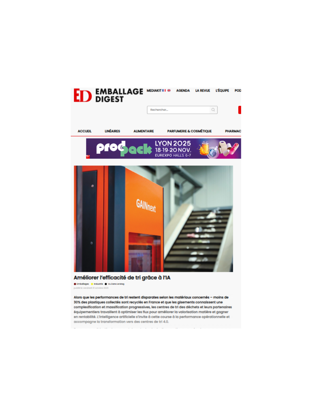 Emballages Digest Améliorer l’efficacité de tri grâce à l’IA