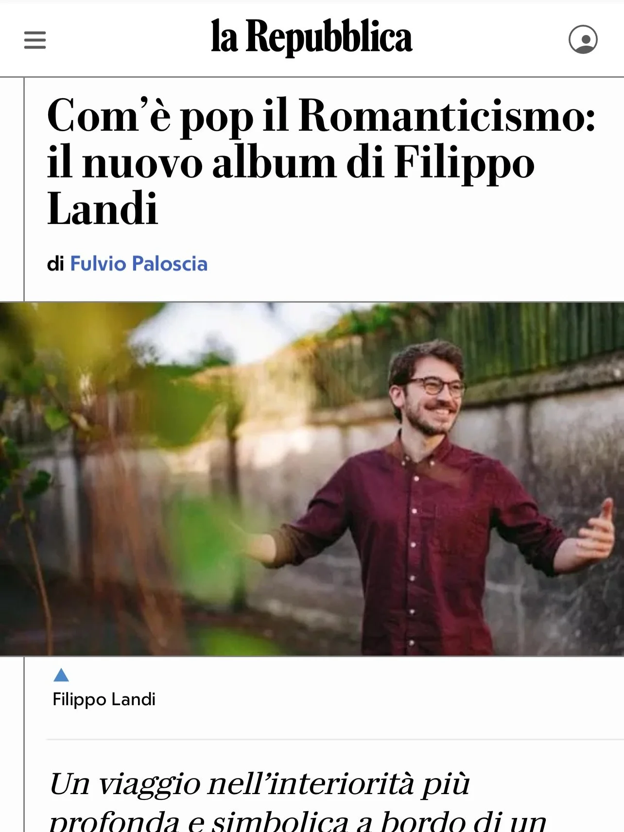 A beautiful article about Eu L&iacute;rico is out today in @larepubblica newspaper.
I&rsquo;m truly happy and grateful for this space.
My heartfelt thanks to Fulvio Paloscia for listening and for his words!
You can read the full article online 💙
@az