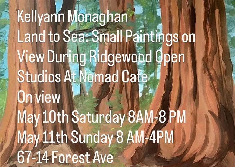 Painting of a forest with tall trees and green foliage, used as background for promotional text about an art exhibition.