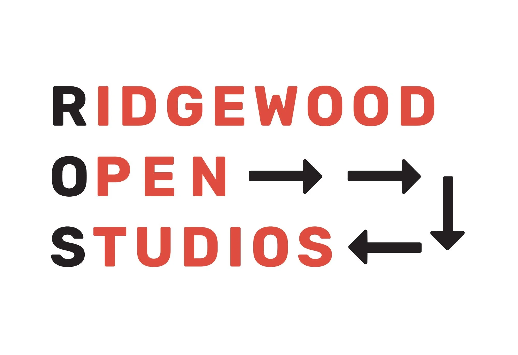 Sign with the words Ridgewood Open Studios in red and black text, with arrows pointing in various directions.