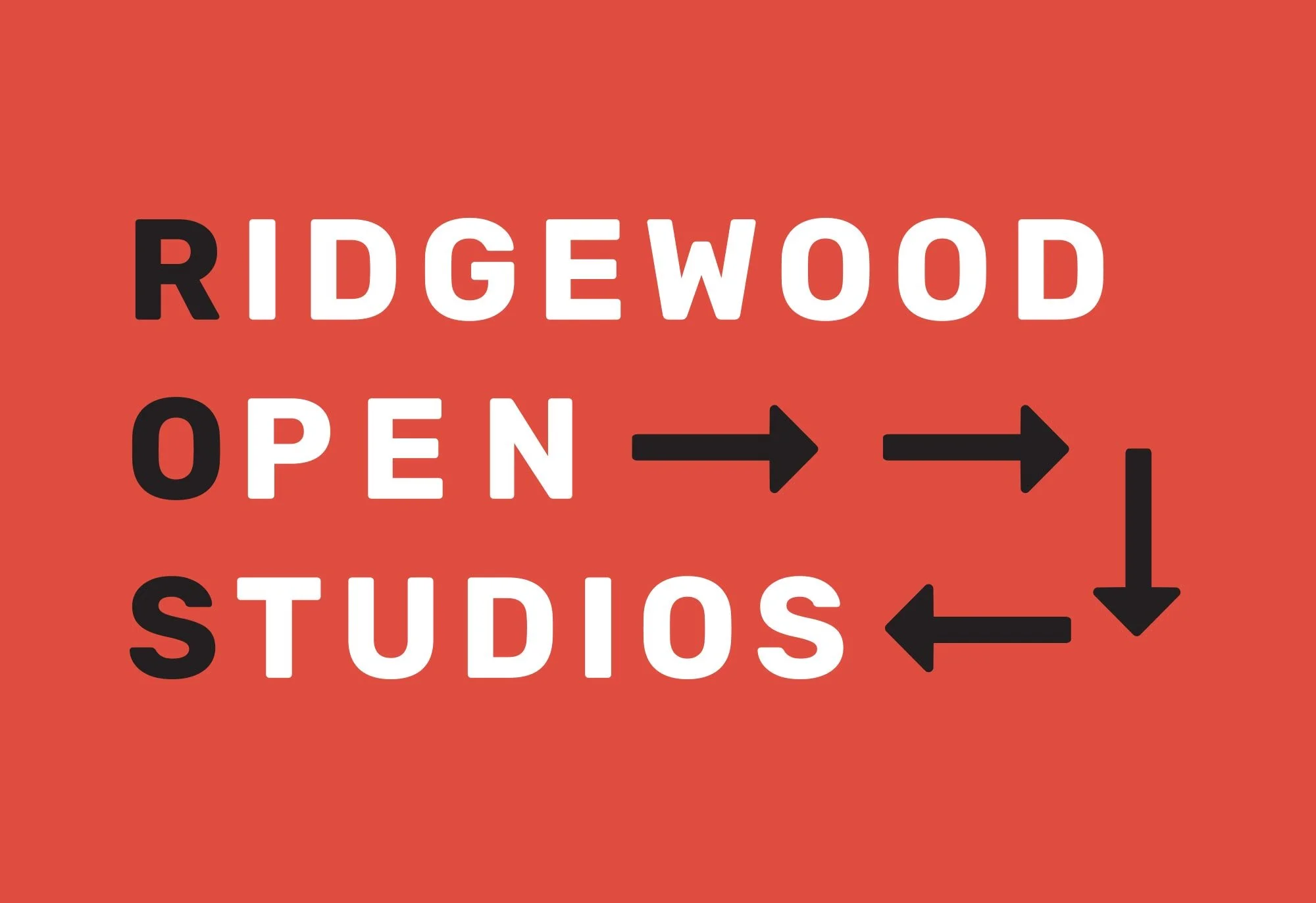 Sign for Ridgewood Open Studios with black and white text on a red background and arrows pointing right and down.