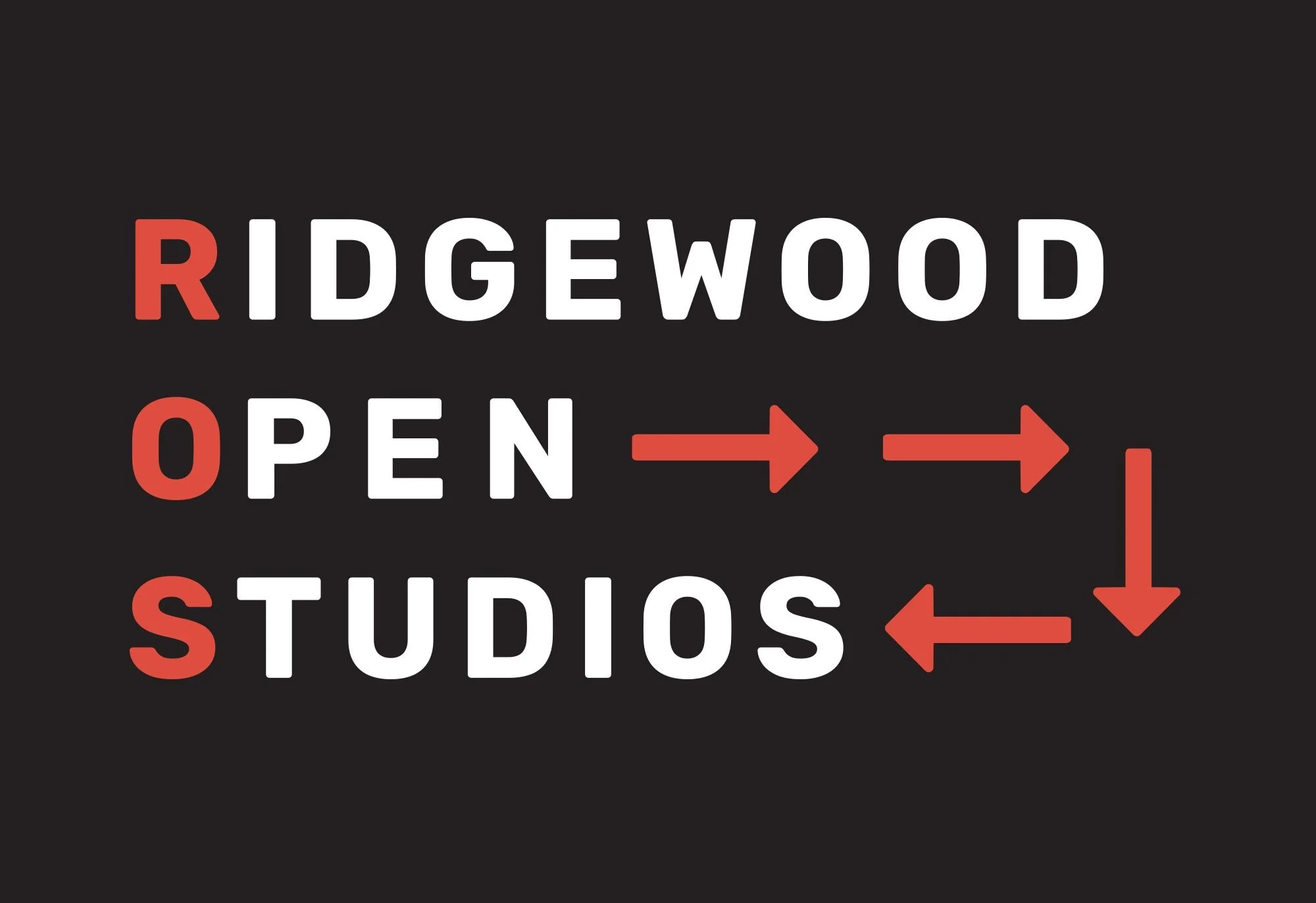 Sign with white and red text on a black background reading 'RIDGEWOOD OPEN STUDIOS' with red arrows indicating direction.