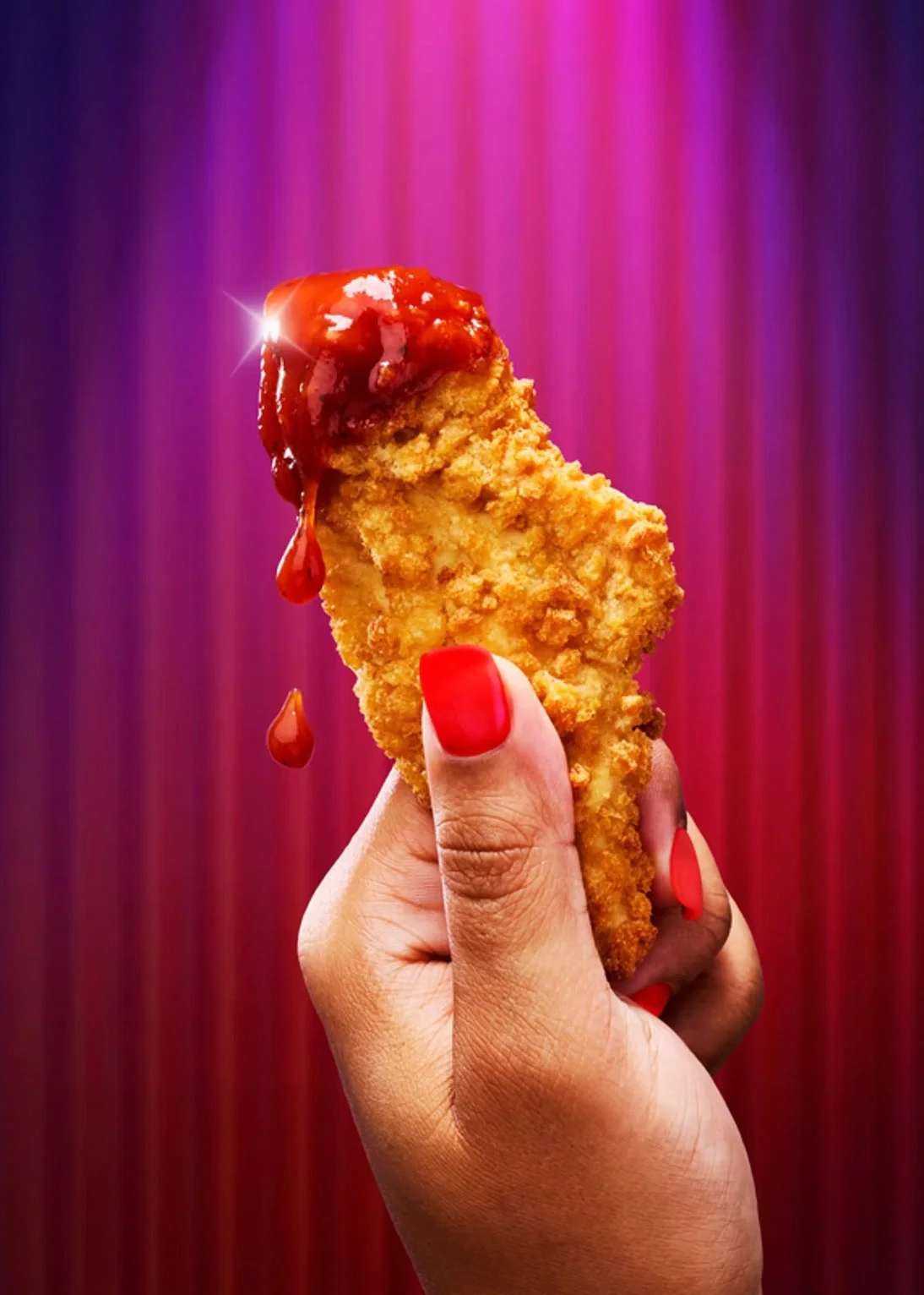 Chicken tender with sauce drip for Tesco's The Best Night In campaign by London-based food photographer Danielle Wood. 