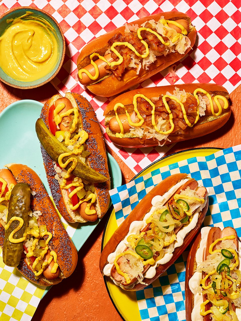 Hot dogs with three toppings. Photographed for Sainsbury's Magazine by London based photographer Danielle Wood