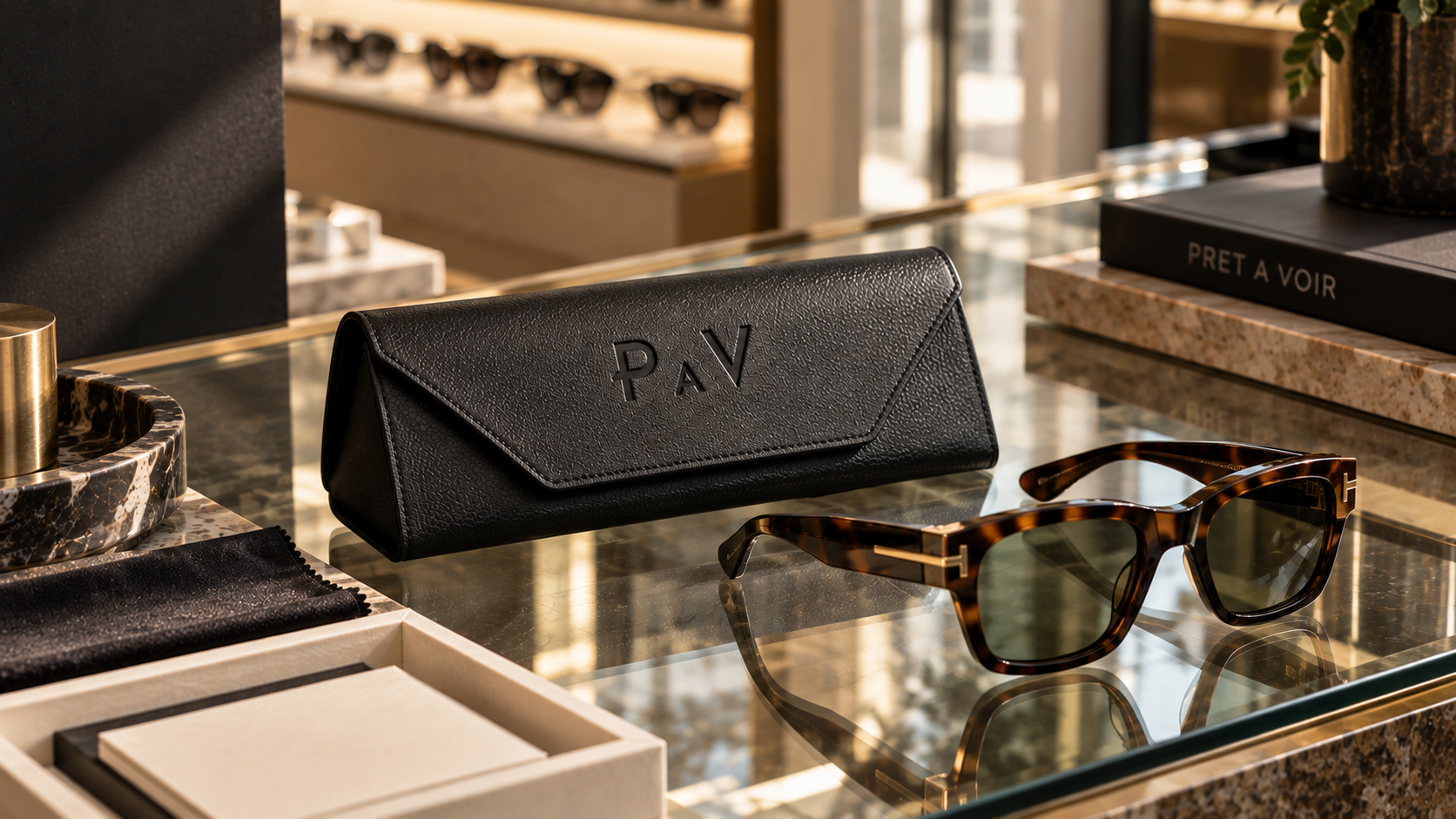 Leather eyewear case with pretavoir logo debossed