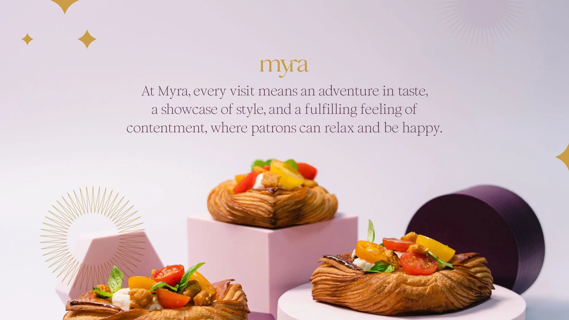 Myra Patisserie, Saudi Arabia. Close-up of colourful fruit-topped pastries on pink and white display stands, with decorative geometric shapes in the background, and a text overlay describing Myra's culinary experience.