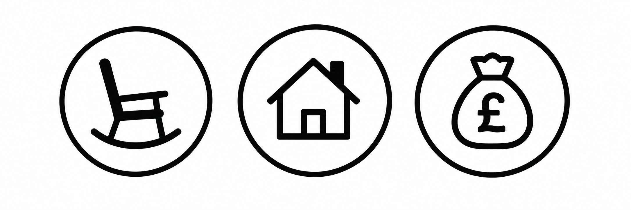 Image of three icons, one rocking chair, one house and one money bag