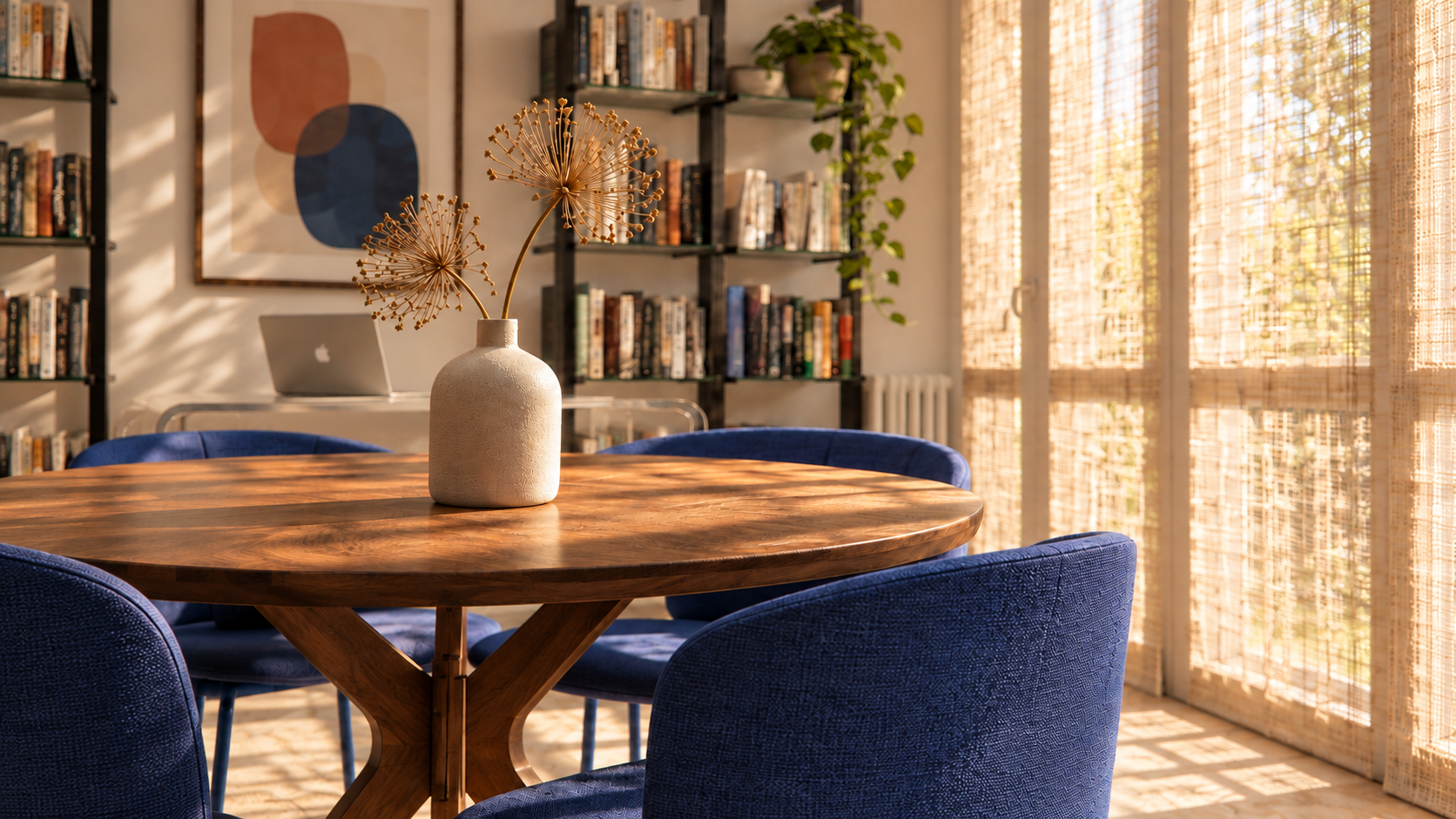 Sala da pranzo luminosa con sedie blu.png