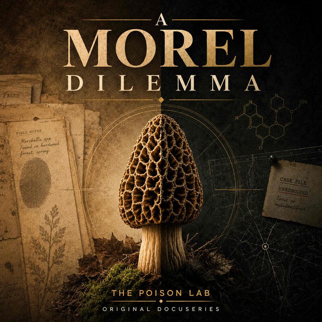 A poster titled "A Morel Dilemma" from The Poison Lab shows a detailed morel mushroom in the center, surrounded by scientific notes and diagrams. The background is dark with some vintage paper elements on the sides.