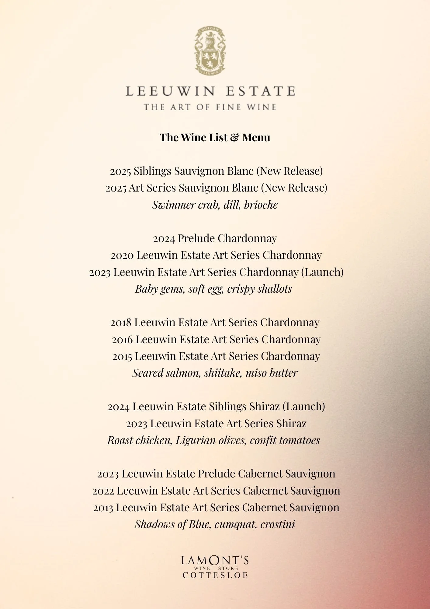 Leeuwin Art Series Chardonnay Launch Menu