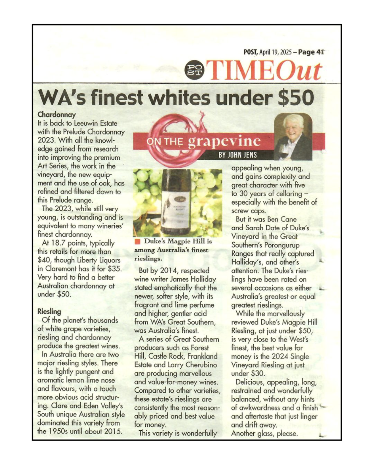 JJ On the Grape Vine Duke's Magpie Hill Riesling
