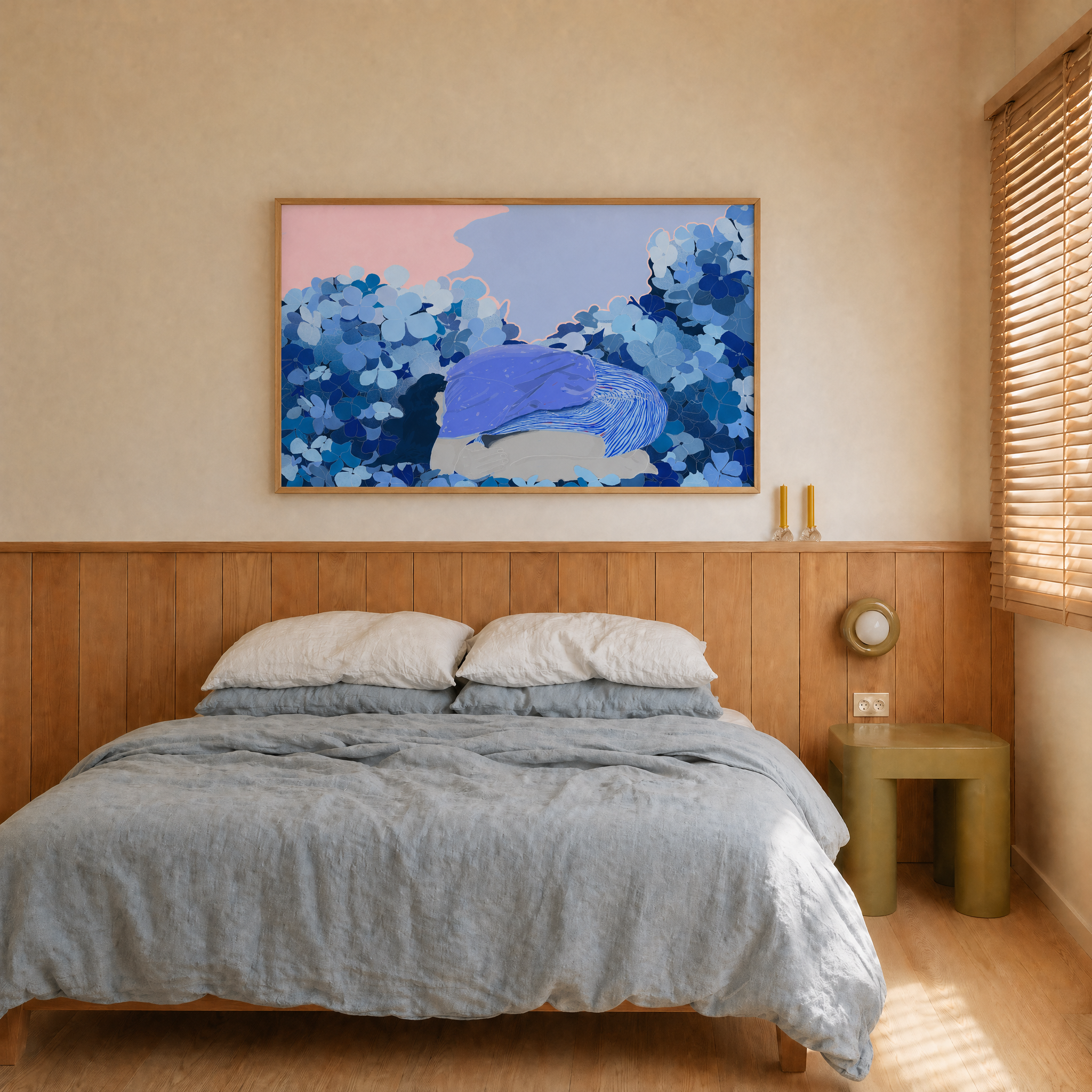 Blue hydrangea artwork - Room 1 bedroom wood paneling.png