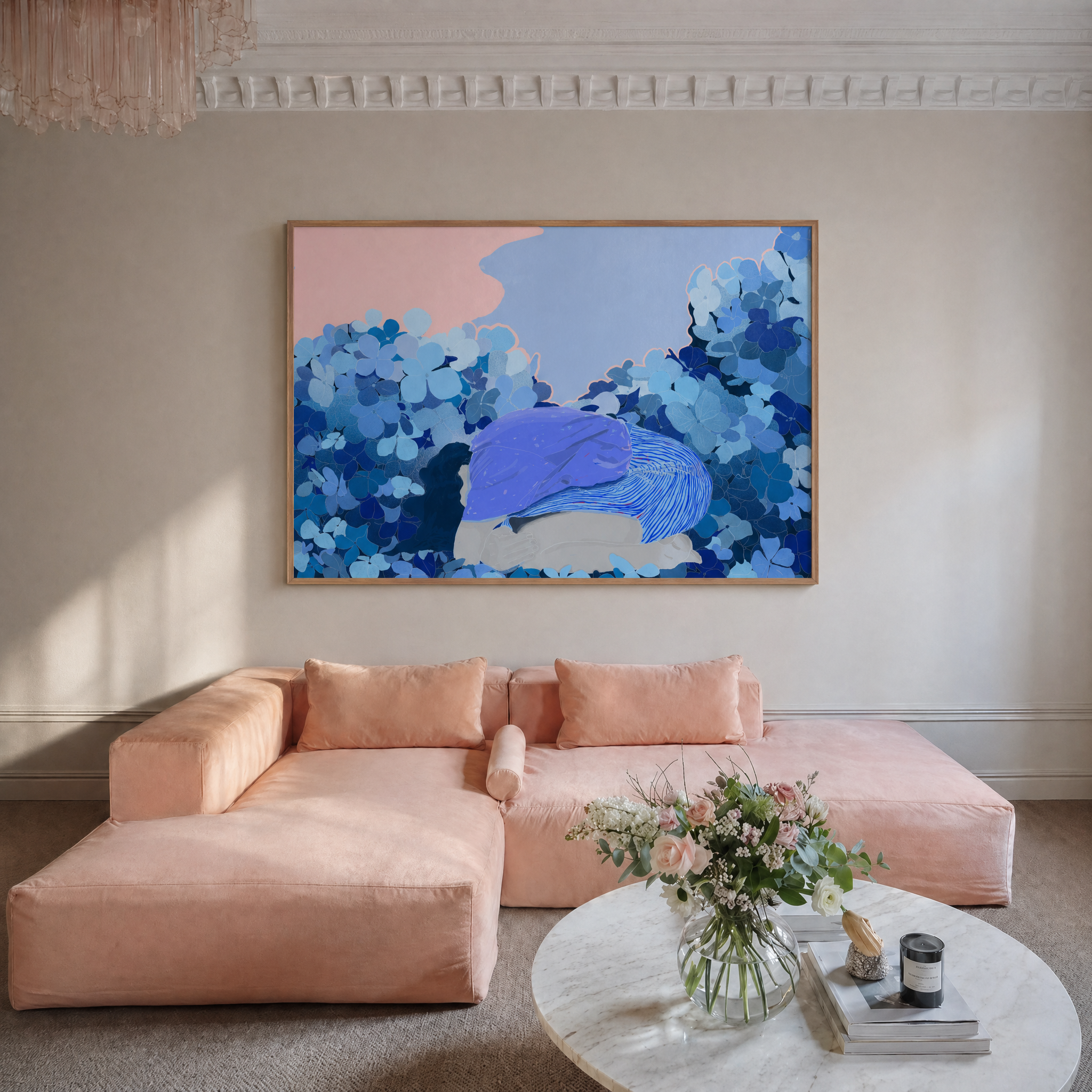 Blue hydrangea artwork - Room 4 pink sofa.png
