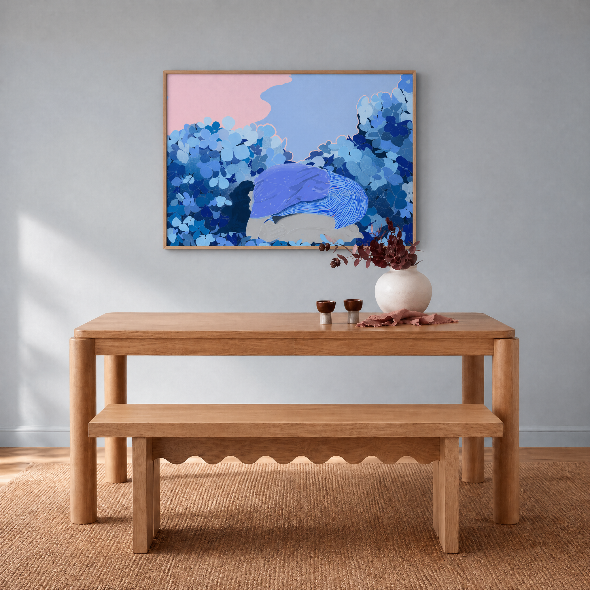 Blue hydrangea artwork - Room 3 dining room.png
