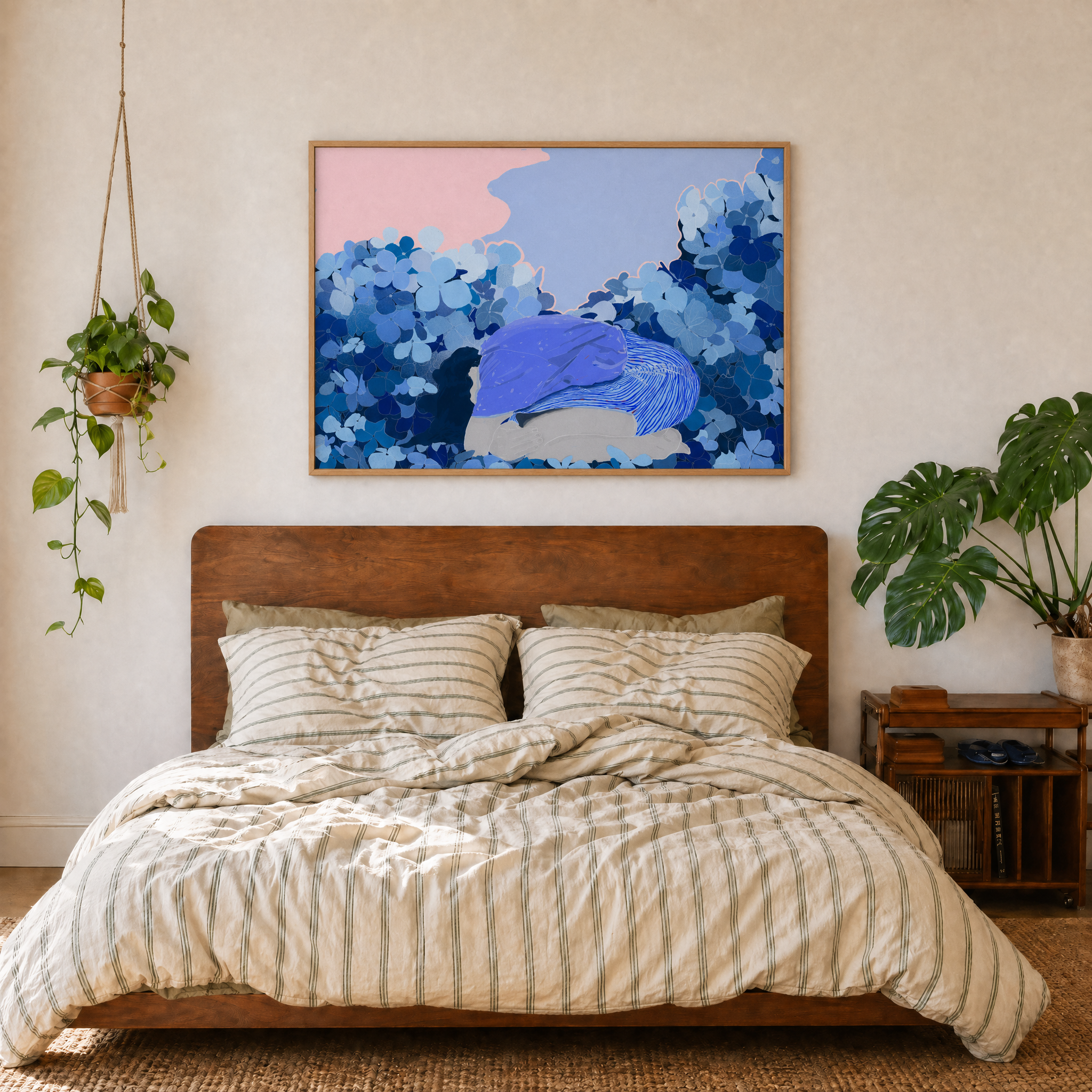 Blue hydrangea artwork - Room 2 bedroom striped bedding.png