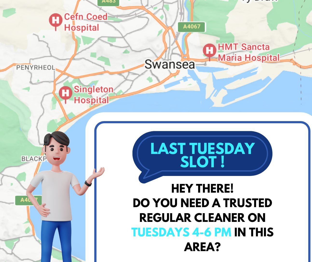 Hey, Ollie here! 😁👋
Do you need your cleaning chores completed for you? live in the Swansea area? I'm looking to fill the last slot on Tuesdays between 4-6 PM (weekly or Bi weekly) . Please feel free to get in touch for other days with availability