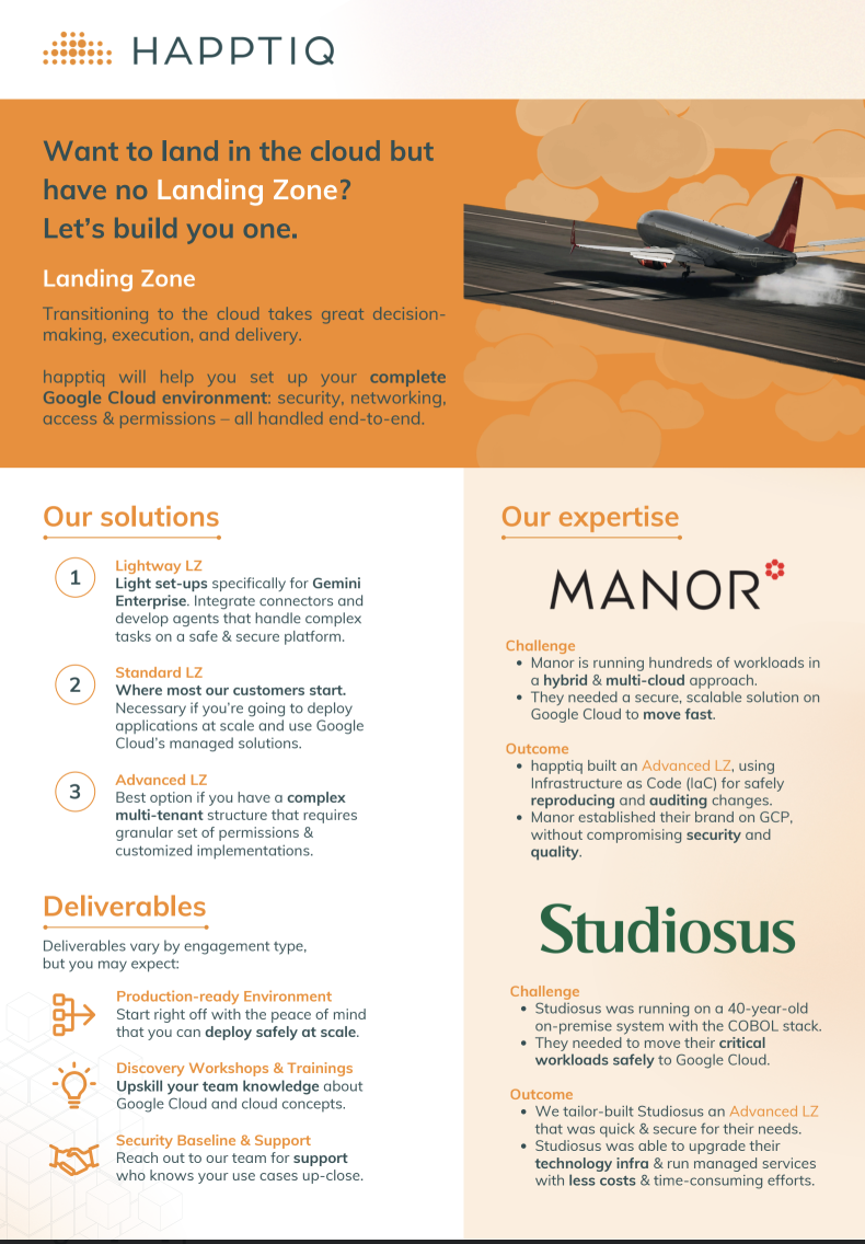 An informational flyer promoting Landing Zone, outlining solutions, advantages, engagement timeline, and contact information.