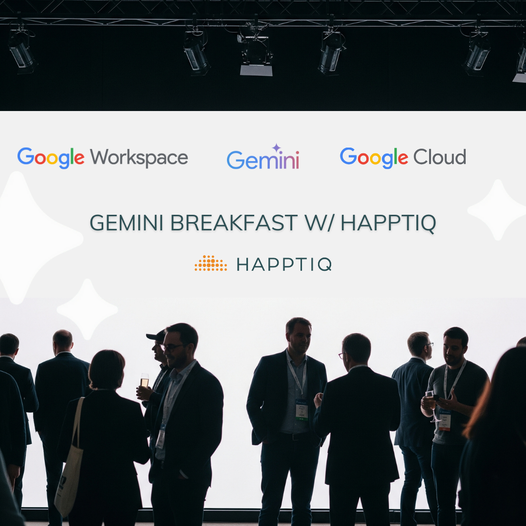 Conference attendees standing and talking in front of a large screen displaying logos of Google Workspace, Gemini, Google Cloud, and HappiQ. The scene appears to be at a professional networking event or conference.