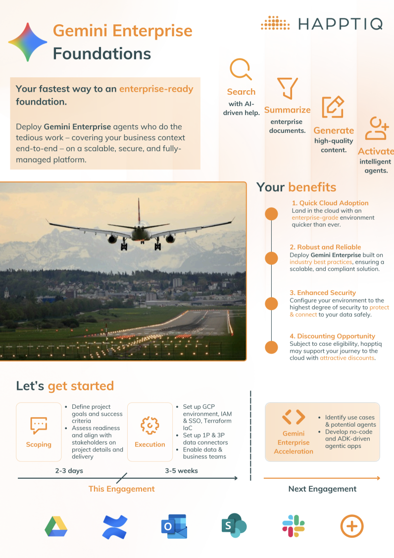 A flyer promoting Gemini Enterprise Foundations, outlining solutions, advantages, engagement timeline, and contact information.