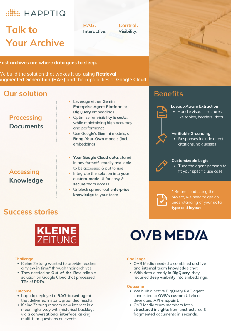An informational flyer promoting Talk to Your Archive, outlining solutions, advantages, engagement timeline, and contact information.
