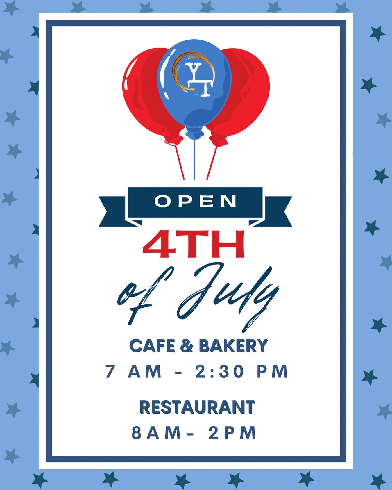 🇺🇸✨ Celebrate the 4th of July with us! 🎆
Yaz&rsquo;s Table Boutique Caf&eacute; &amp; Bakery and Yaz&rsquo;s Table Brunch Restaurant will be OPEN with regular business hours July 4th!

🍰 Caf&eacute; &amp; Bakery: 7:00 AM &ndash; 2:30 PM
🍳 Restau