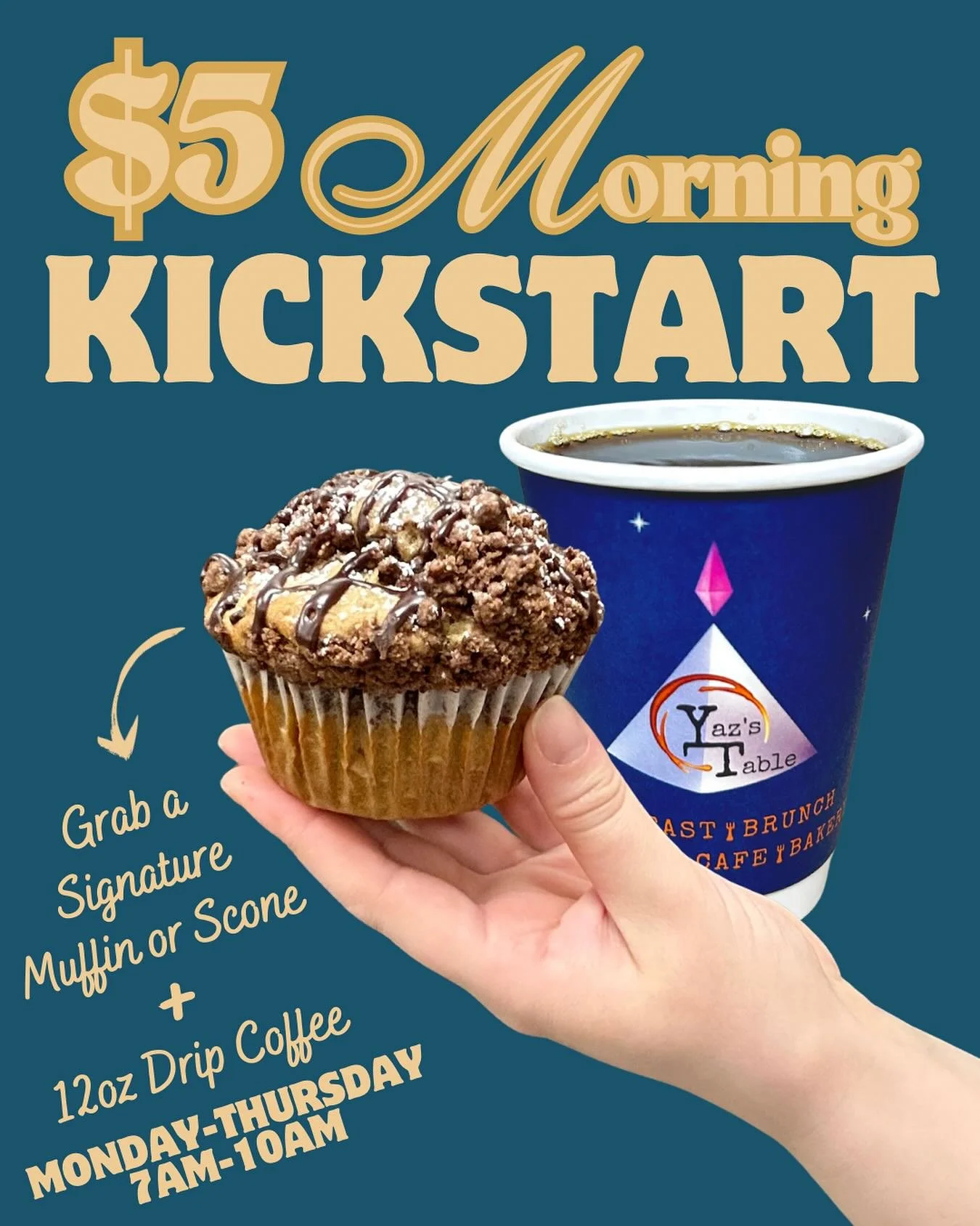 Sweeten your mornings the easy way 🍩☕

Grab a Signature Muffin or Scone + 12oz Drip Coffee for just $5 &mdash; because mornings should be delicious and doable.

Available Monday&ndash;Thursday, 7am&ndash;10am. Worth waking up for. 💫

#YazsTable #Ya