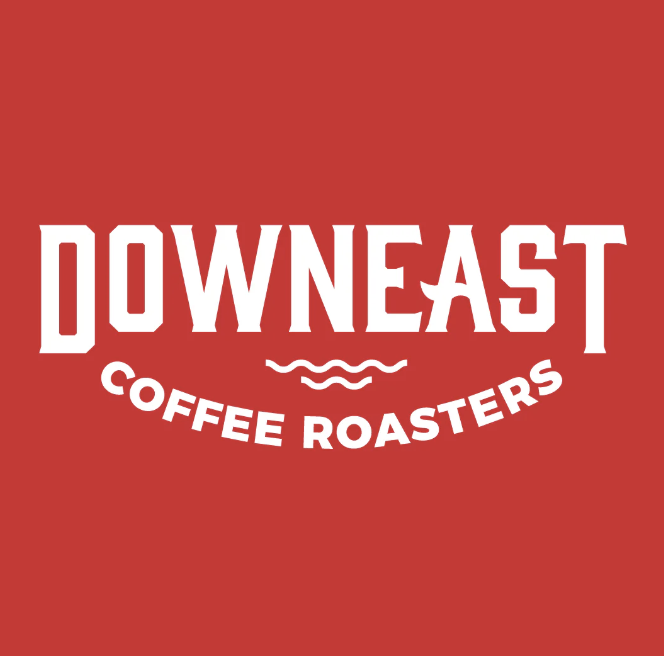 Red background with white text reading 'DownEast Coffee Roasters' and a small wave design beneath the word 'DownEast'.