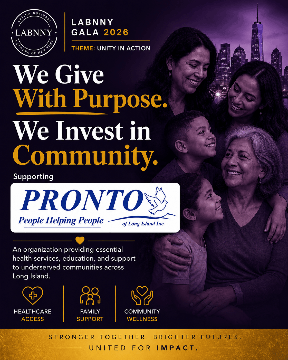 LABNNY 2026 Gala graphic showing a multigenerational Latina family with the text We Give With Purpose We Invest in Community, supporting Pronto of Long Island Inc. for healthcare access, family support, and community wellness