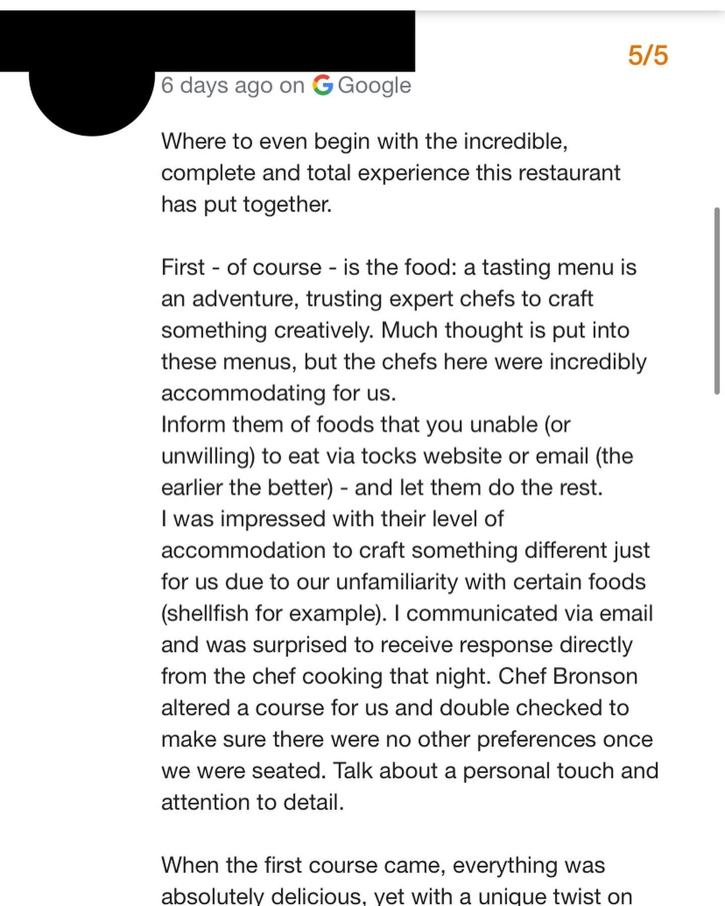 Portions of last weeks google review for @oldstoneonthehudson