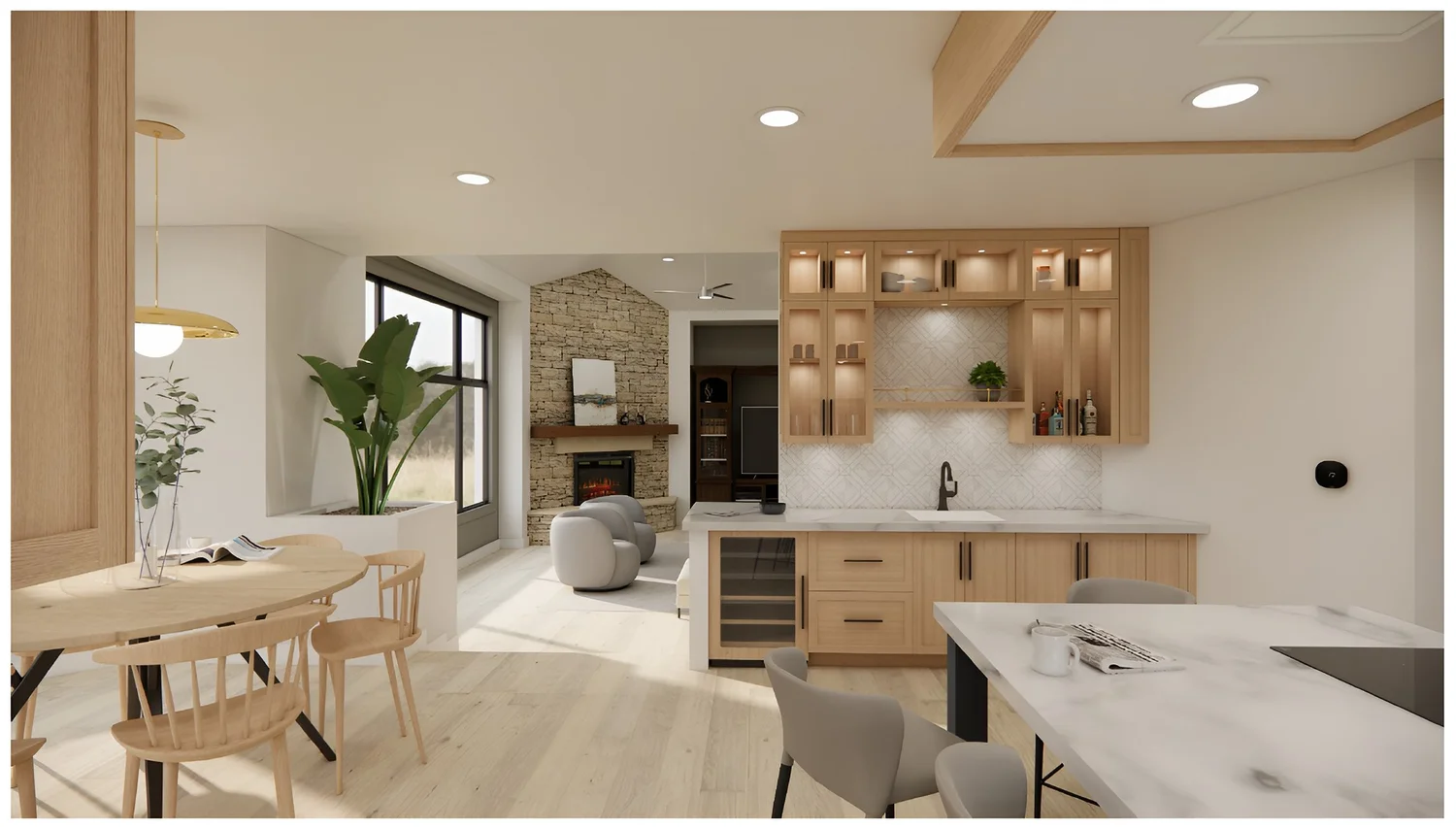 Rendering of the beverage station with the fireplace beyond