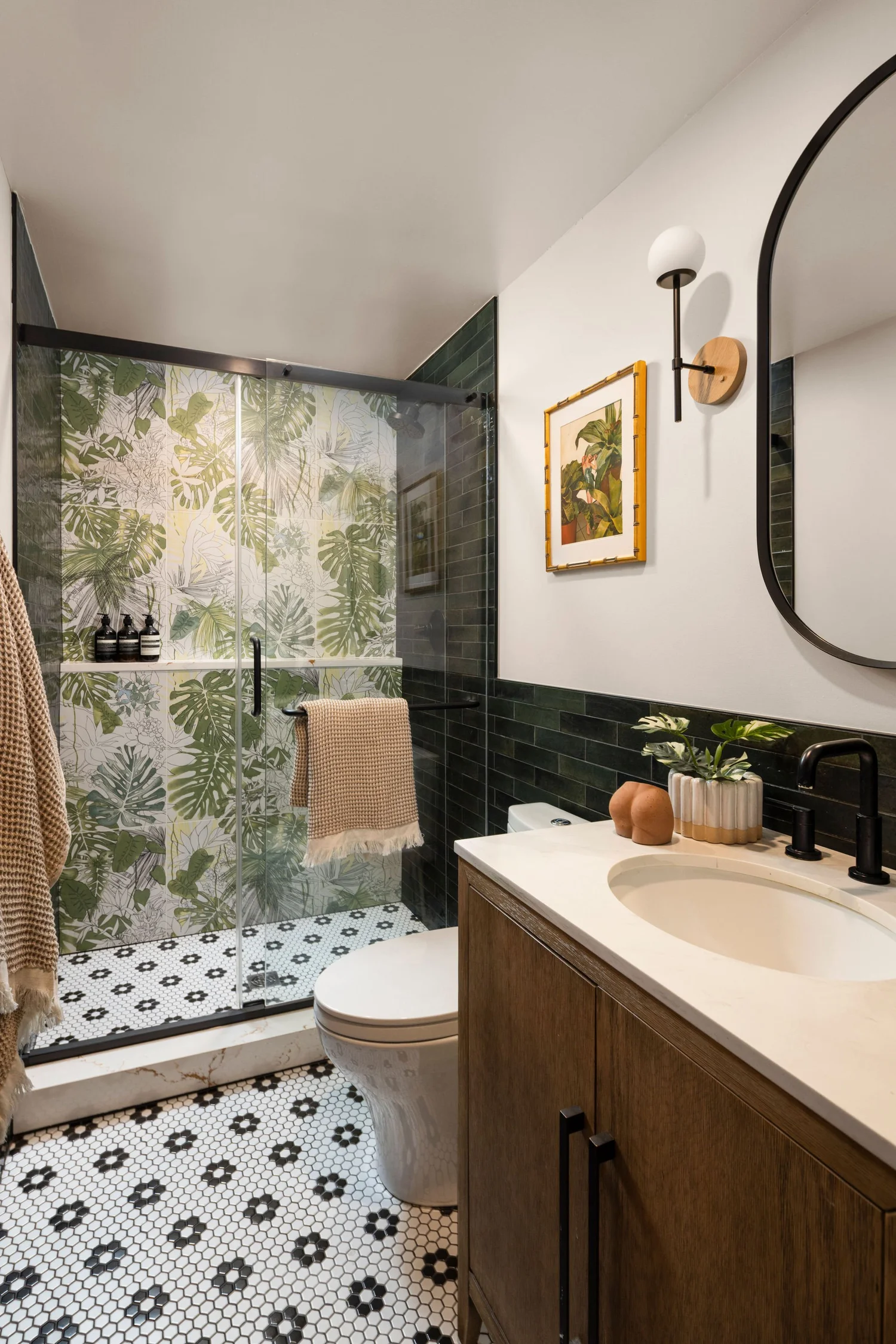 Bath one with jungle leaf tile and olive wainscot