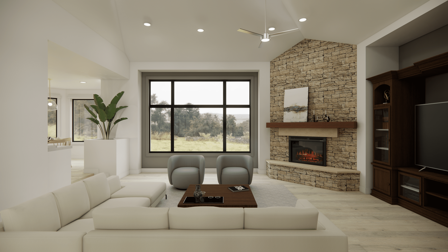 Rendering of the living room with the new fireplace