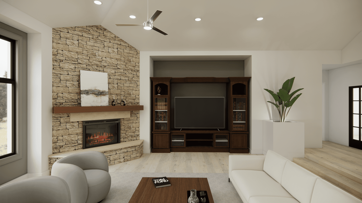 Rendering of the corner fireplace and stacked stone