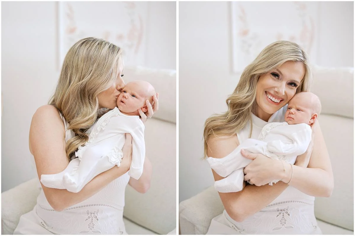 mom snuggling newborn baby at newborn photo session