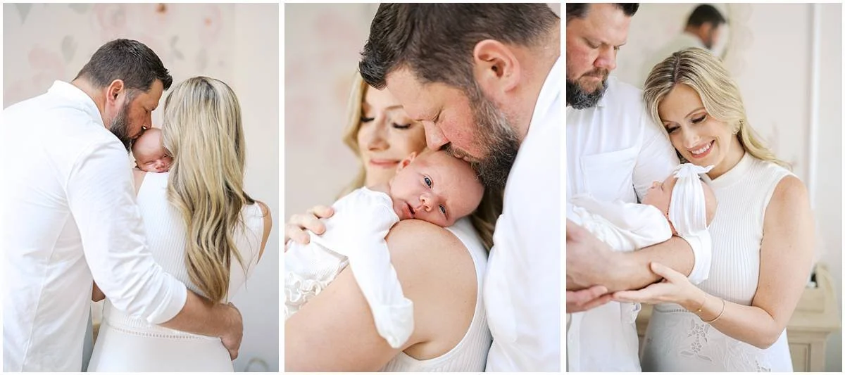 mom dad and baby snuggling at newborn session