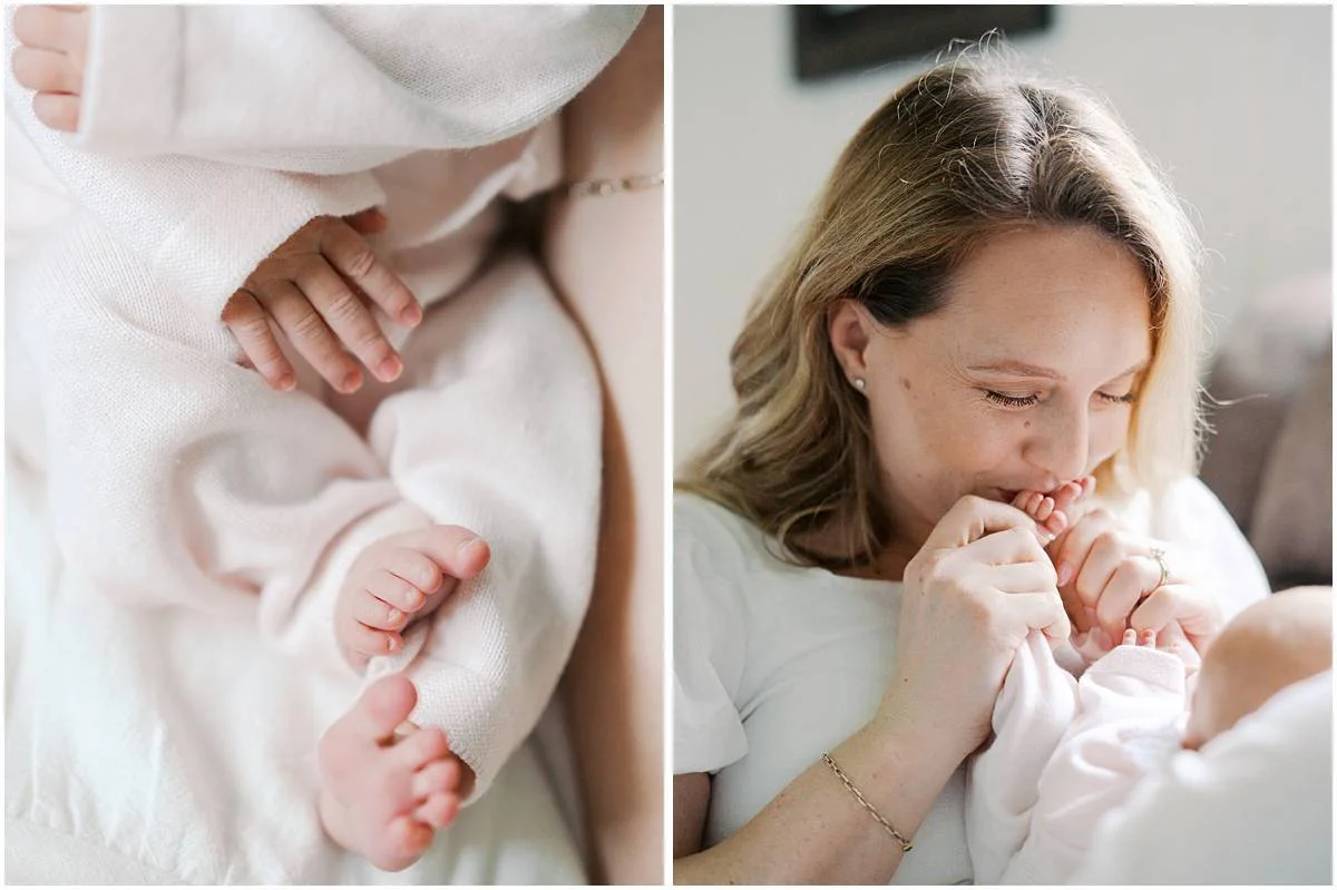 mom kisses baby's toes at newborn session