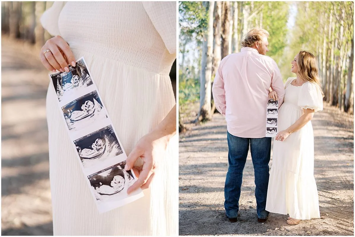maternity client holding ultrasound photos at maternity session