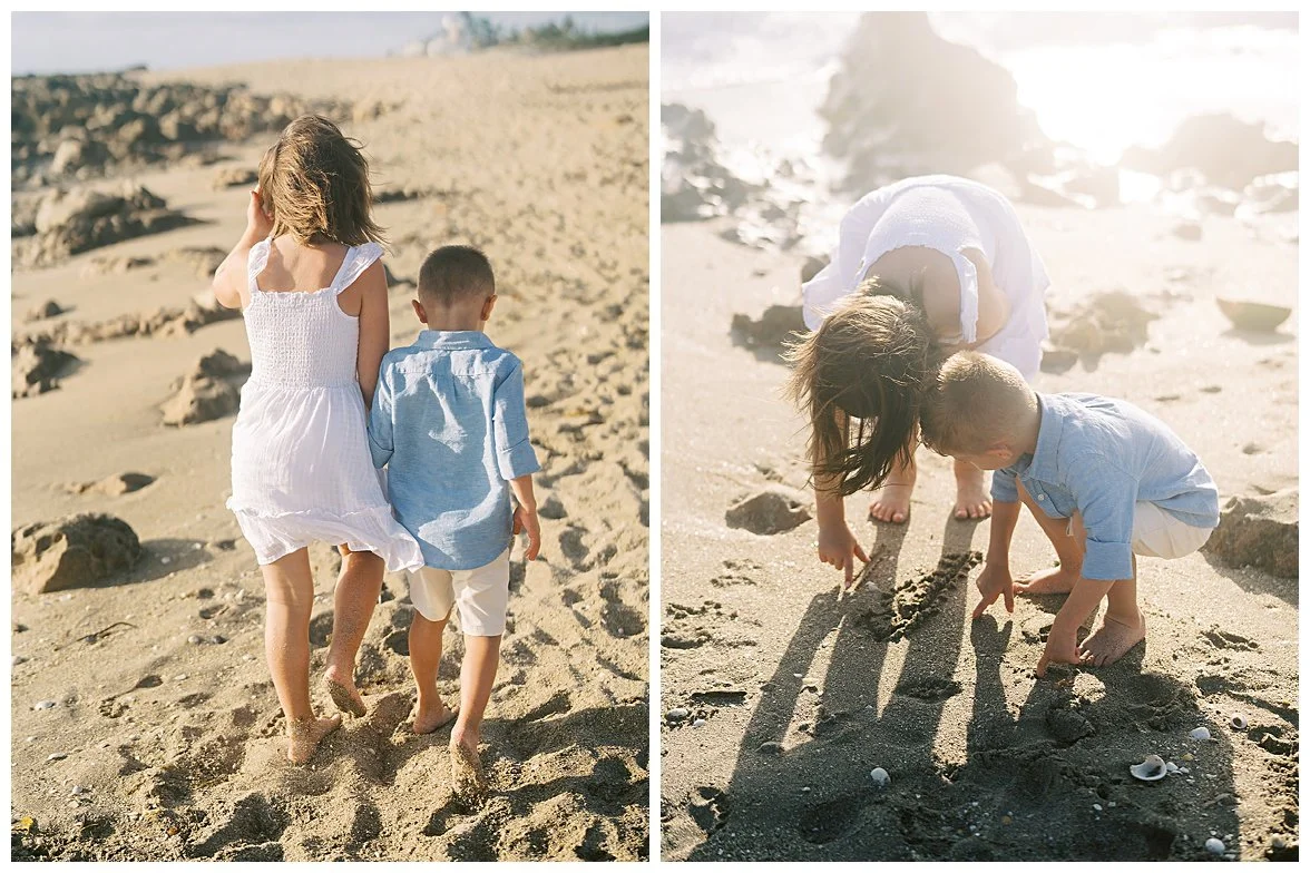 kids playing on the beach collecting shells at family session