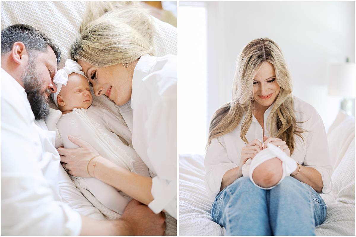mom and dad snuggle with baby at newborn session