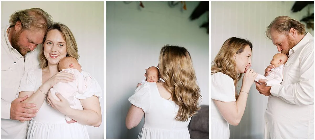 mom, dad, baby pose for photo at newborn session