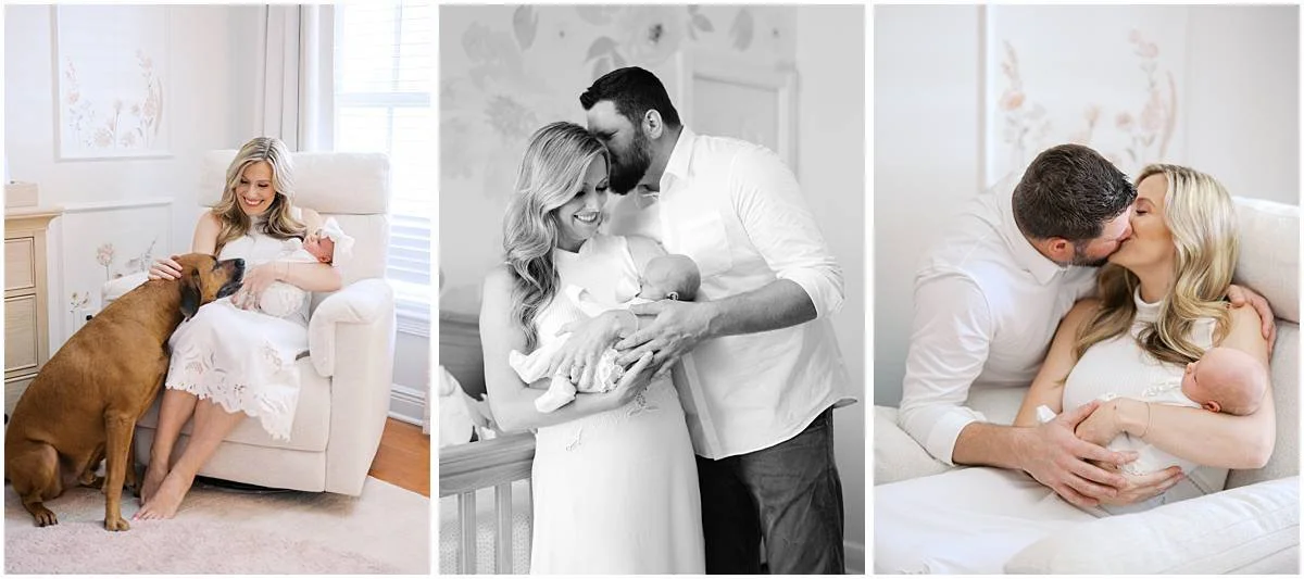 mom dad and newborn cuddling in baby nursery